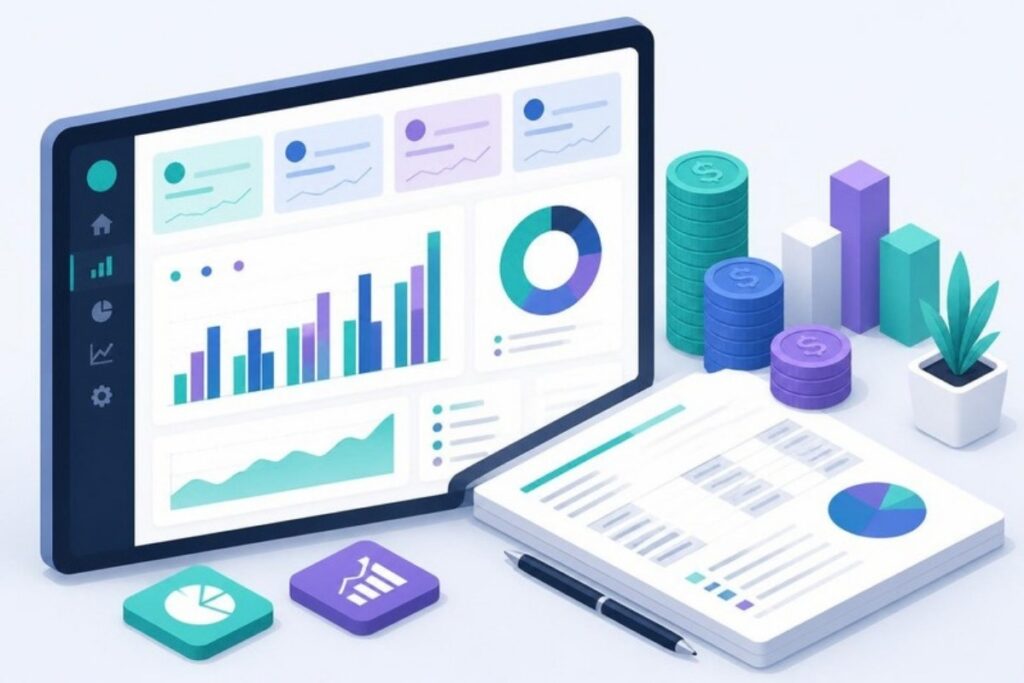 AiBill – contabilità e bilancio AiBill: illustrazione di dashboard contabile con grafici, bilancio e rendiconto per Ordini ed enti pubblici